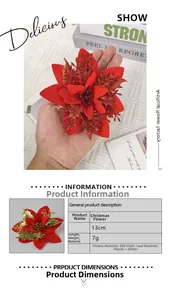 Detailed view of a 13cm red artificial Christmas flower with sparkling gold glitter petals