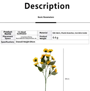 Detail of 84cm artificial sunflower branch with 12 heads and material specifications