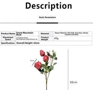 Detailed specs of artificial pink rose showing 65cm height and silk fabric texture