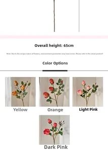 French oil painting style artificial rose detail showing 65cm height and color options