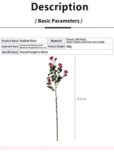 Dettaglio del bouquet di rose a bolle in seta rosa con gambo lungo 83 cm e foglie verdi