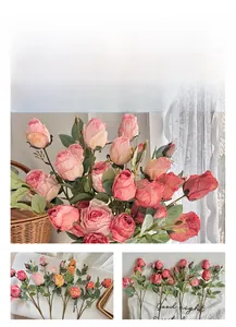 Detailed view of pink French oil painting style artificial roses with realistic silk texture