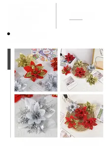 Detailed view of artificial Christmas poinsettias with glitter finish for holiday decor