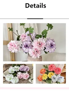 Detailed view of colorful artificial peony silk flowers in a textured ceramic vase