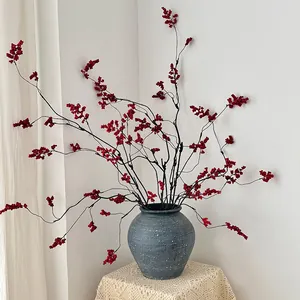 Chinese Style Artificial Red Berry Stems Fortune Fruit Winter Holly For Home Living Room Zen Decoration DIY Flower Arrangement