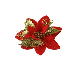Artificial red poinsettia flower with gold glitter leaves for Christmas tree decoration