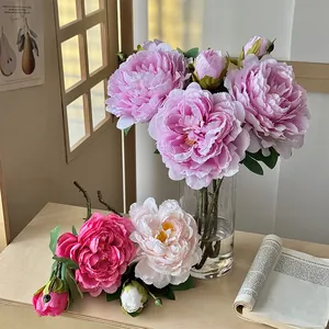 Fleurs de Pivoine Artificielles Réalistes en Tissu Type Soie Bouquet de Pivoines à Tige Longue pour Décoration Maison Salon Mariage Table