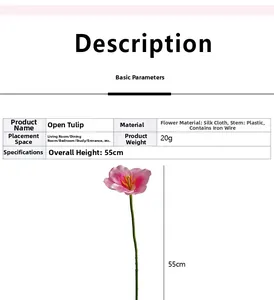 Detailed size chart and material spec for 55cm pink silk tulip artificial flower