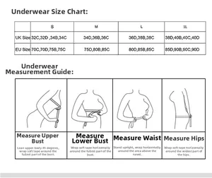 Detailed size chart for lace lingerie set including UK and EU measurements for S to XL