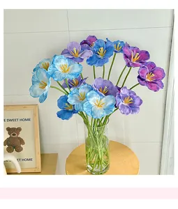 Detail of 3D printed blue and purple tulips with realistic texture in a glass vase