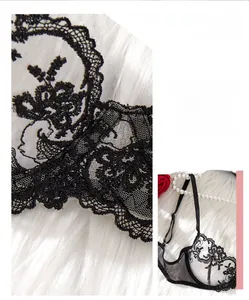 Broderie détaillée sur soutien-gorge en dentelle noire transparente et motifs floraux