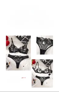 Détail de l'ensemble de lingerie sexy en dentelle noire avec broderie florale et tulle