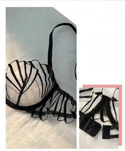 Macro detail of sheer black lace bra with shell texture and three-row hook closure