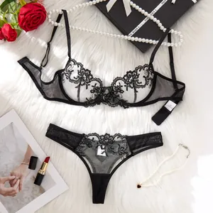 Lingerie sexy en dentelle noire pour femmes avec broderie florale transparente soutien-gorge à armatures push-up et string respirant