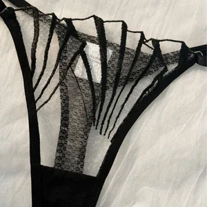 French style black lace mesh lingerie set with deep V-neck and spider web hollow design