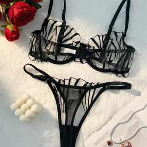 French style black sheer mesh lingerie set with deep V neck and geometric patterns