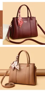Detail view of khaki and wine red leather handbags with elegant silk scarf wrapped handles