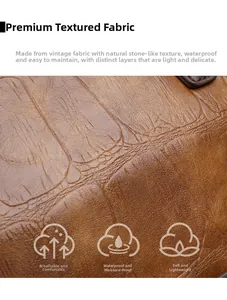 Detail showing premium retro brown stone pattern leather texture with waterproof features