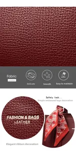 Close-up of burgundy lychee leather handbag with heart scarf and gold logo detail