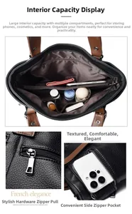 Macro detail of black pebbled leather tote showing multi-compartment interior and metal zipper