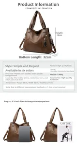 Detailed size chart for brown faux leather handbag with iPad and A4 magazine comparison