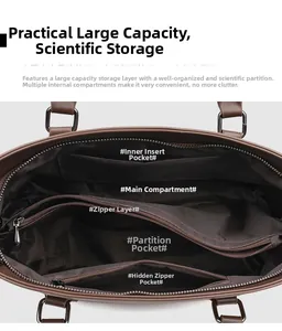 Detailed view of the brown leather handbag's multi-layered inner storage compartments