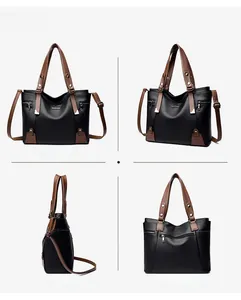 Multi-angle view of black lychee leather tote bag with brown straps and metal zippers