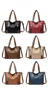 Close-up of women's leather tote bags in six colors with litchi texture and kangaroo logo