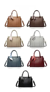 Detailed grid showing seven color options of pebble grain leather handbags with silk scarves