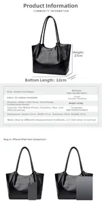 Detailed view of black stone pattern tote bag showing dimensions and size comparison