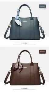 Detailed comparison of blue and brown leather tote bags with decorative silk scarves