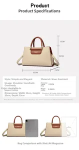 Comparaison de taille détaillée d'un sac en cuir avec un iPad et un magazine A4