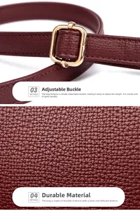 Detail showing burgundy lychee grain leather strap with adjustable gold metal buckle