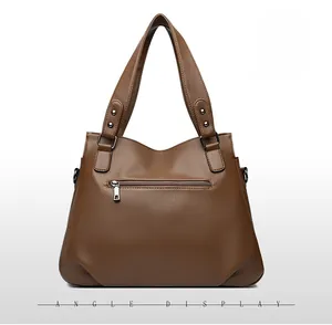 Back view of brown lychee texture leather tote bag featuring a functional zipper pocket