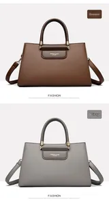 Détail de sacs à main trapèze en cuir marron et gris avec finitions métalliques dorées