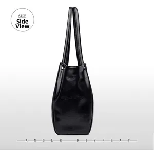 Side view of black stone texture leather tote bag with elegant pleated design