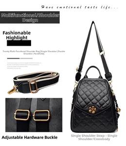 Detailed views of black quilted backpack with golden flower clasp and adjustable strap