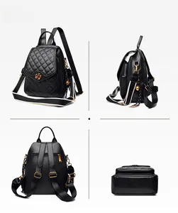 Detailed views of black quilted leather backpack with golden floral clasp and straps