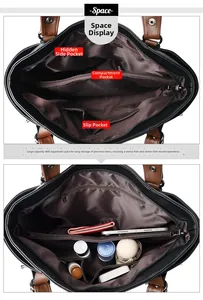 Detailed interior of leather tote bag showing multiple compartments and large capacity