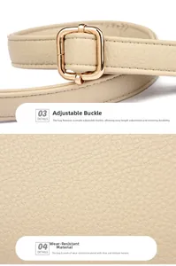 Détails de la boucle dorée ajustable et de la bandoulière en cuir à texture litchi chic