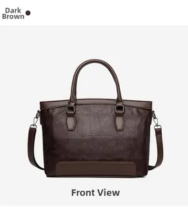 Front view of dark brown cowhide tote bag with crocodile texture and metal hardware