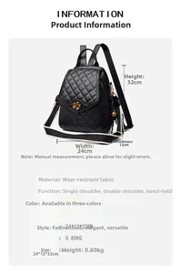 Size guide for diamond quilted backpack showing dimensions and functional compartments