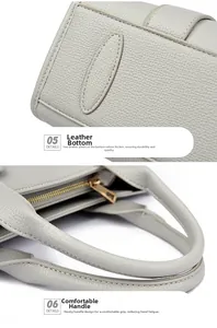 Detail van grijze kiezellederen tas met versterkte bodem en stevige comfortabele handvatten