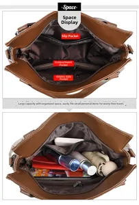 Detailed interior of brown leather tote bag showing spacious multi-pocket storage layout