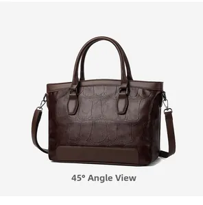 Detailed 45-degree side view of dark brown crocodile pattern leather handbag for women