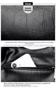 Detailed view of black crocodile pattern leather tote with a secure back zipper pocket