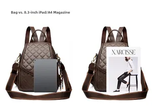 Brown quilted leather backpack size comparison with an 8.3 inch iPad and A4 magazine