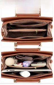 Vue intérieure du sac à main en cuir avec compartiments et grande capacité de rangement