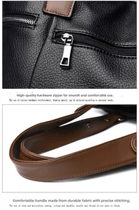 Close-up of silver zippers and brown leather handles with precise stitching detail