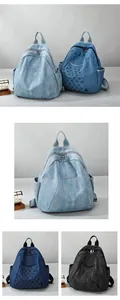 Detailed close-up showing vintage denim backpacks with punk rivets and polka dot textures